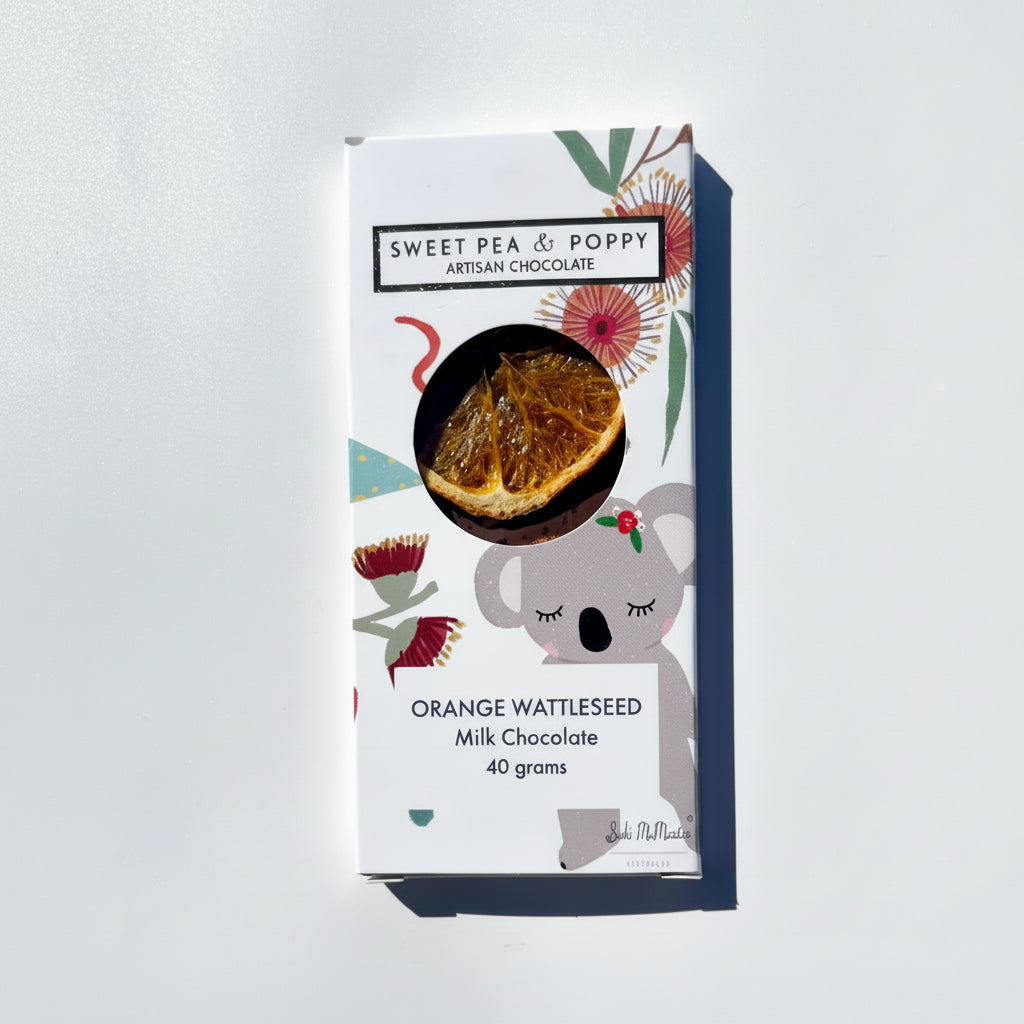 Sweet Pea & Poppy chocolate bar packaging with a koala illustration on a white background