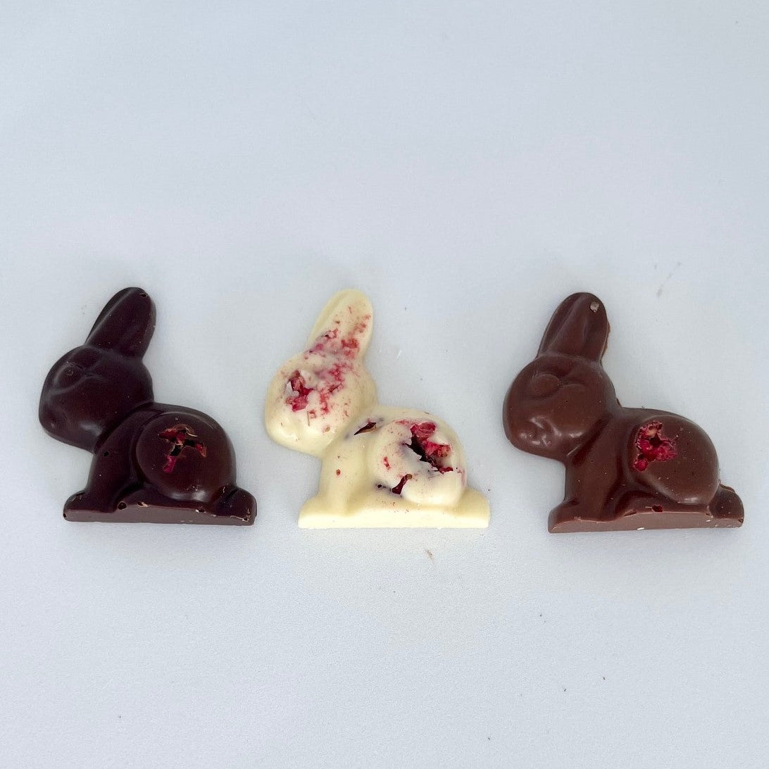 Three chocolate Easter bunnies with raspberry on a white background