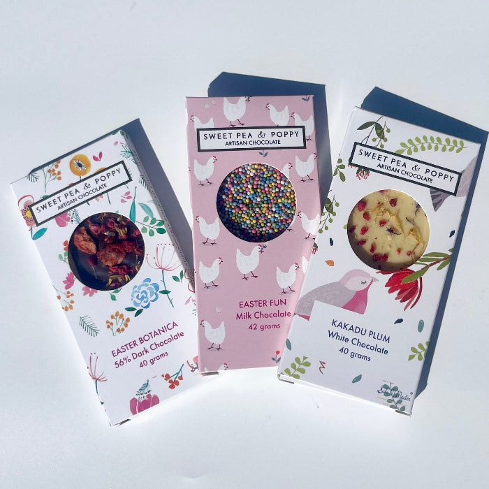 Three Sweet Pea & Poppy Easter chocolate bars with on a white background