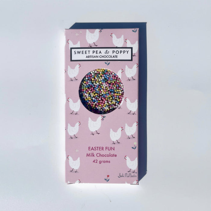 Sweet Pea & Poppy Easter Fun Chocolate bar in a pink box with Easter design on a white background