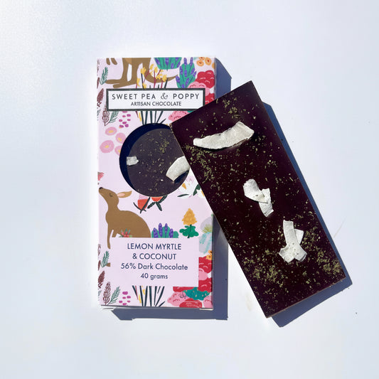 Dark chocolate bar with Suki McMaster Australian illustrated packaging on a white background