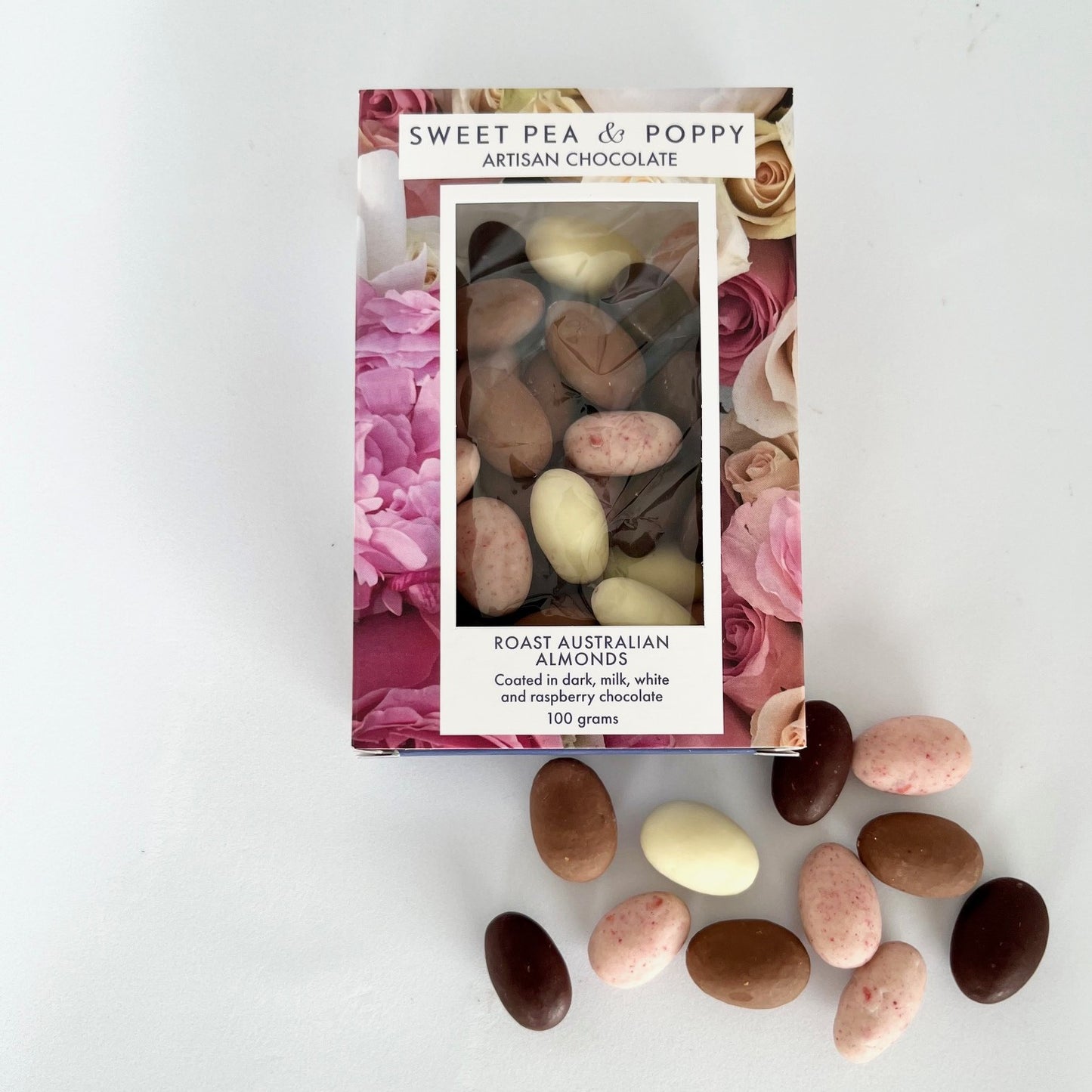 A box of chocolate coated Australian almonds