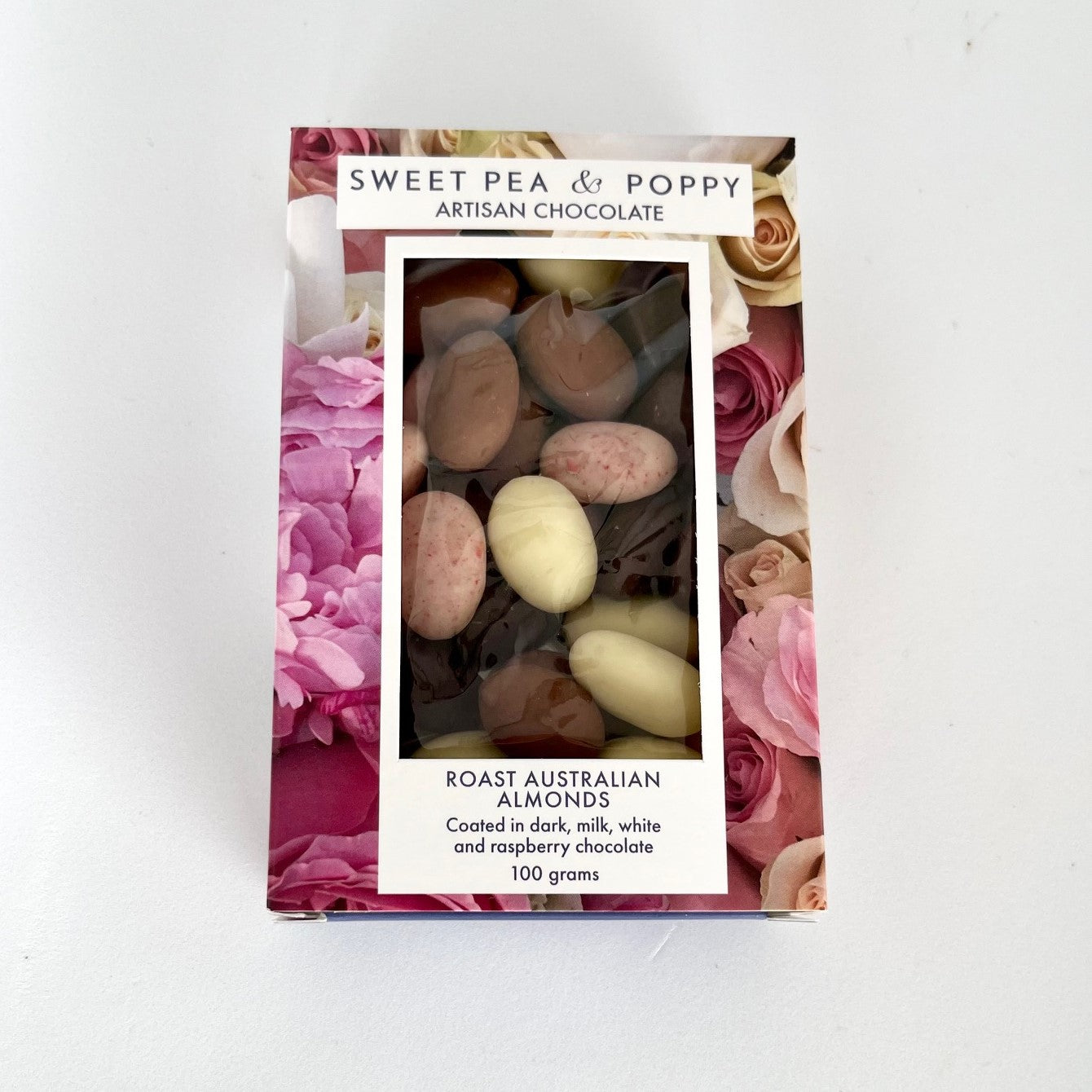 A box of chocolate coated Australian almonds