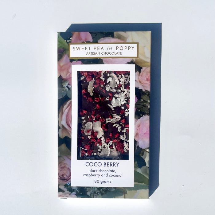 Sweet Pea & Poppy chocolate bar packaging with floral design on a white background