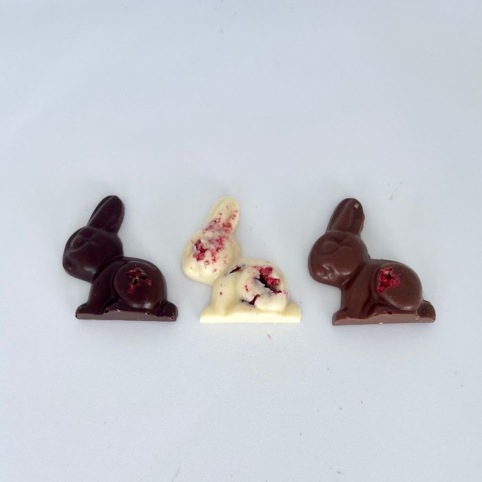 Unpackaged chocolate Easter bunny trio raspberry and rose