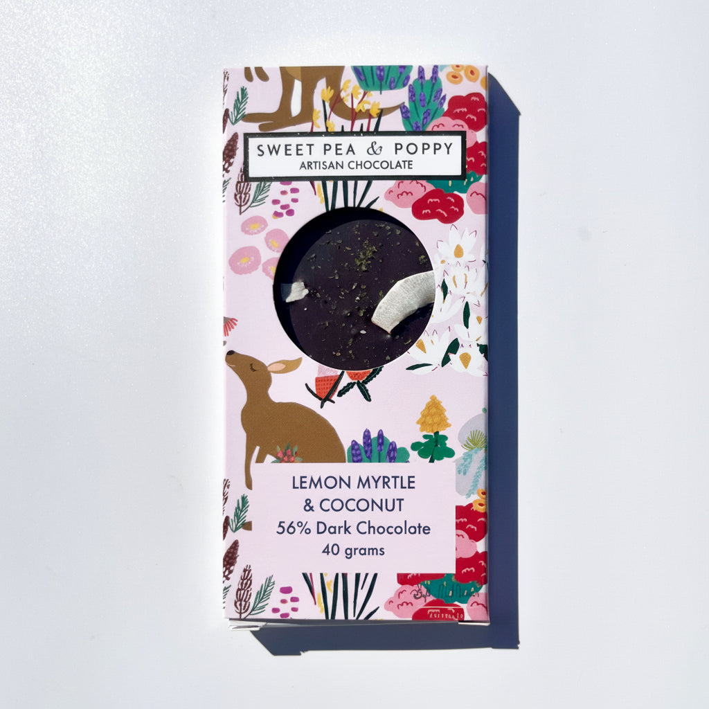 Artisan chocolate bar with Suki McMaster Australian illustrated packaging with colourful design and text on a white background