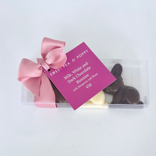 Packaged chocolate Easter bunny trio raspberry and rose