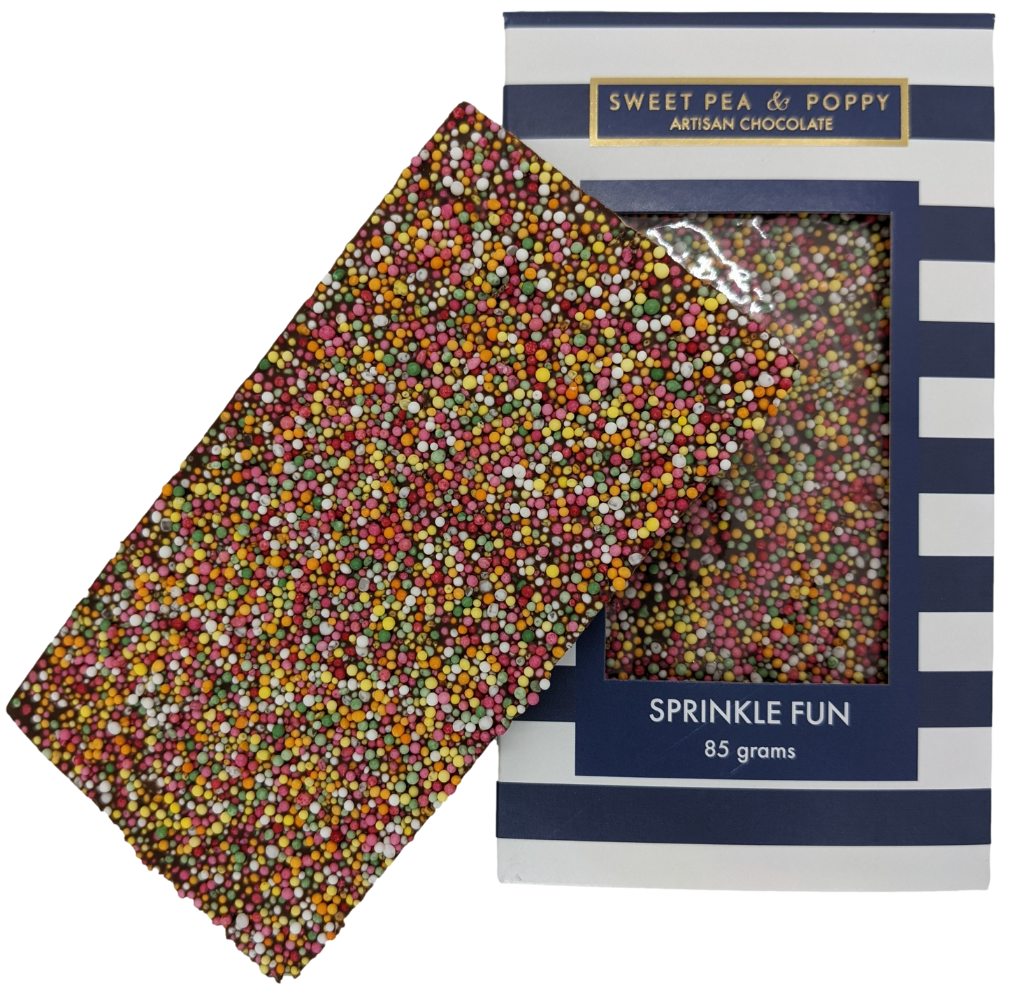 A picture of a milk chocolate Sprinkle Fun bar on top on a packaged milk chocolate Sprinkle Fun bar