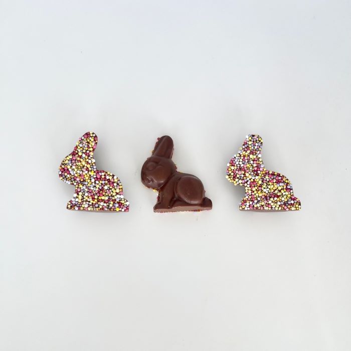 Unpackaged chocolate Easter bunny trio sprinkles