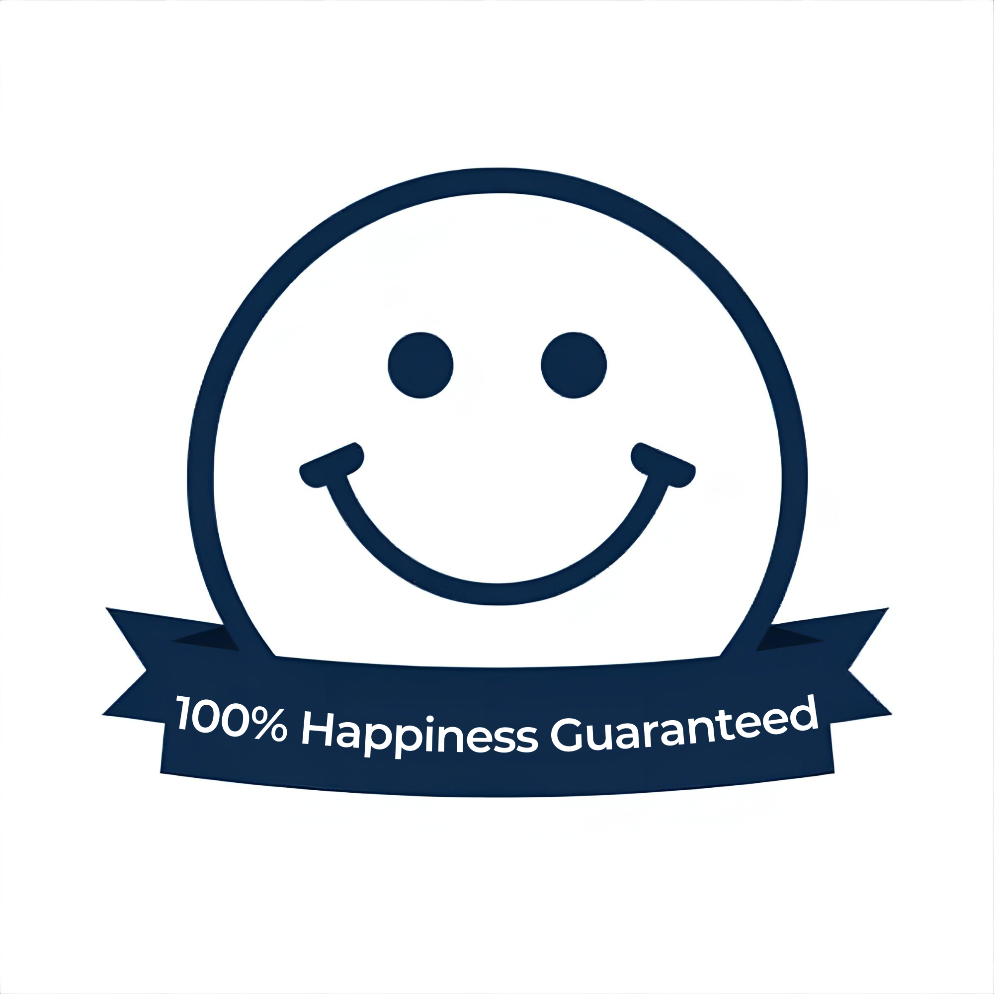 Smiley face icon with '100% Happiness Guaranteed' text on a white background